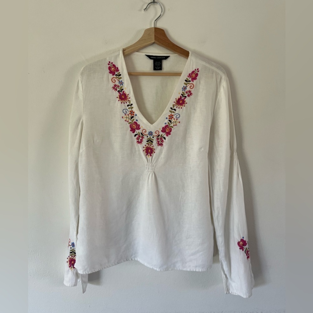 Anne Carson White Long Sleeve Linen Floral‎ Embroidered V-Neck Top Size Large
